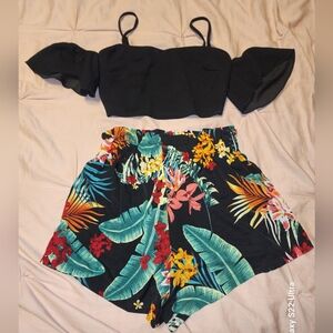 Black Off-Shoulder Top and Floral Shorts Set